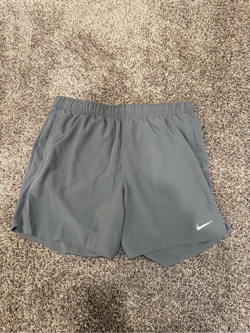 Nike Men's Gray Athletic Running Shorts with White Swoosh